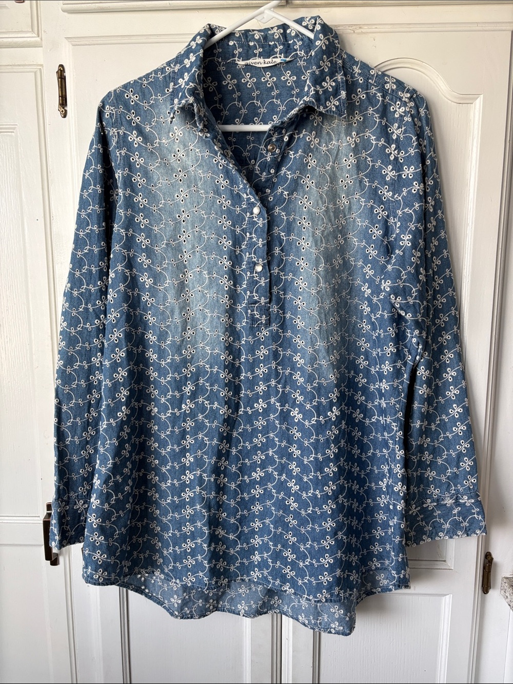 Given Kale Blue Floral Eyelet-Embroidered Button Down Shirt